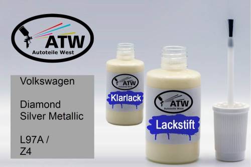 Volkswagen, Diamond Silver Metallic, L97A / Z4: 20ml Lackstift + 20ml Klarlack - Set, von ATW Autoteile West.